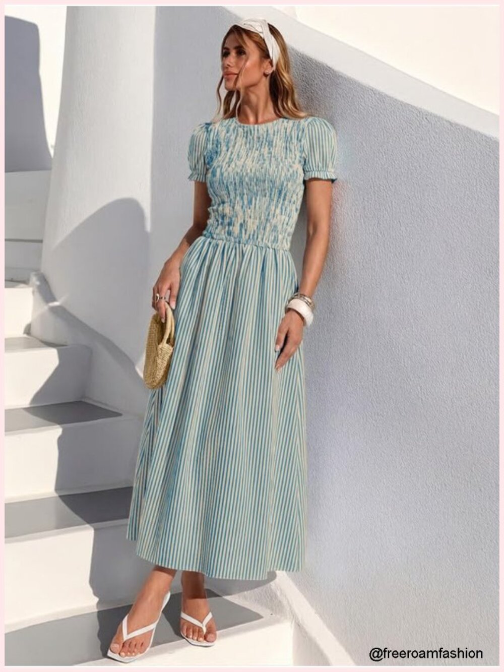 Striped Smocked Midi Dress with Puff Sleeves A-Line Flowy - Picture 2 of 6